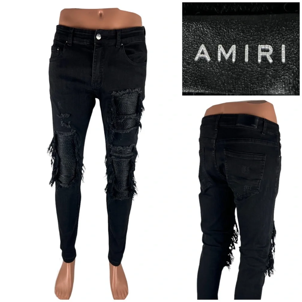 Amiri Mens 30 X 31 Jeans Leather Patch Ripped Skinny Black Cotton Blend Stretch - Picture 1 of 11